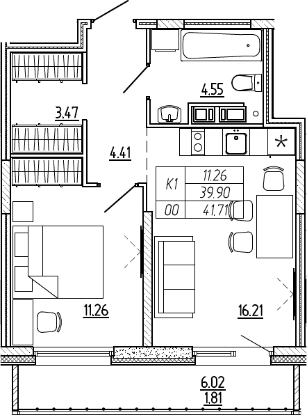 2Е-комнатная, 41.71 м²– 2