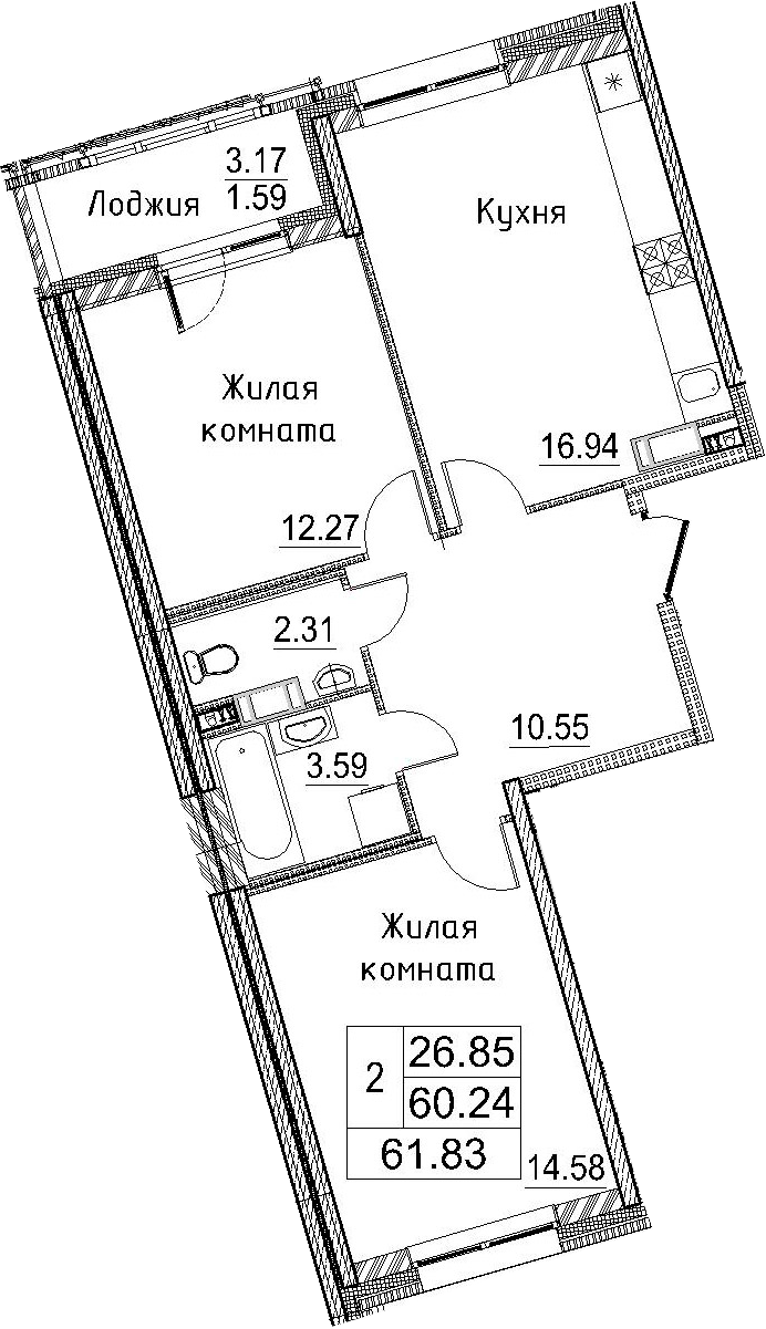 3Е-к.кв, 61.83 м²