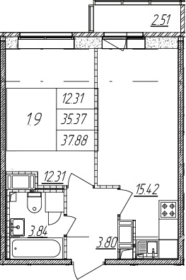 2Е-комнатная, 35.37 м²– 2
