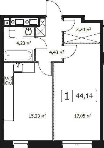 1-комнатная, 44.14 м²– 2
