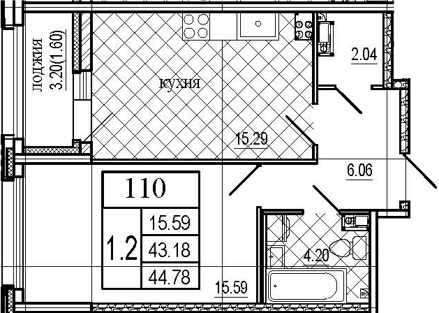 2Е-комнатная, 44.78 м²– 2