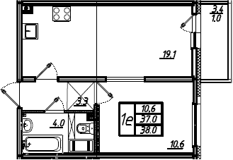 2Е-комнатная, 38 м²– 2