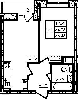2Е-комнатная, 34.06 м²– 2
