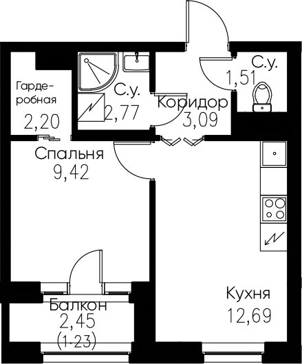 1-комнатная, 32.91 м²– 2
