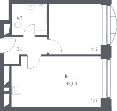 1-комнатная, 38 м²– 2