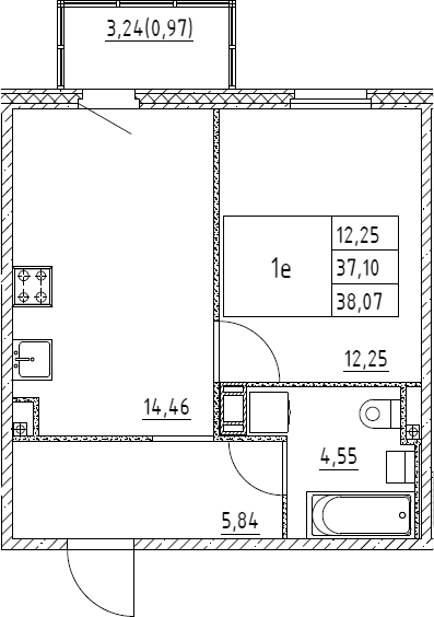 2Е-комнатная, 38.07 м²– 2