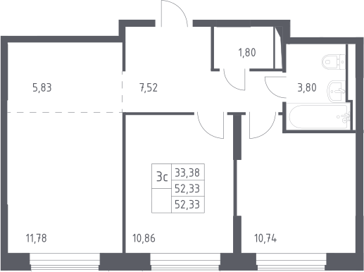 3Е-комнатная, 52.33 м²– 2