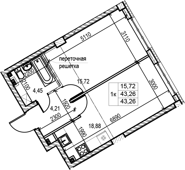 1-комнатная квартира, 43.26 м², 2 этаж – Планировка