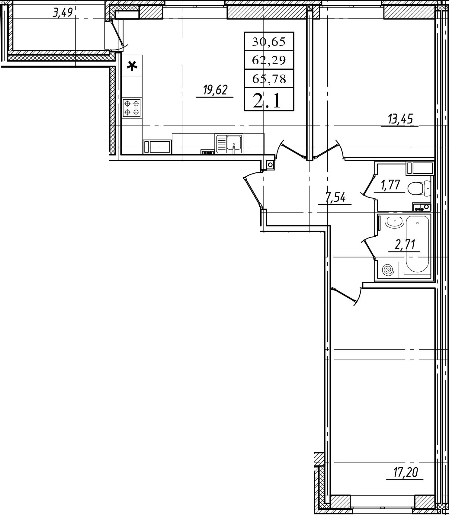 3Е-комнатная, 62.29 м²– 2
