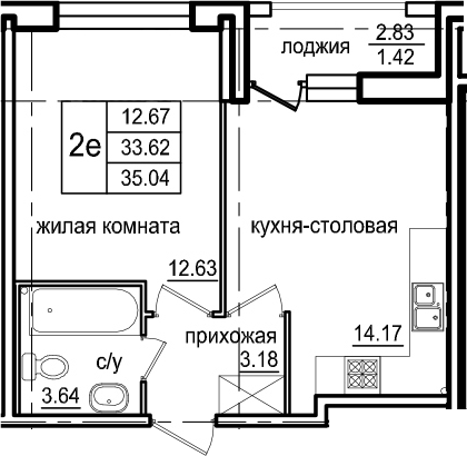 2Е-к.кв, 35.04 м²