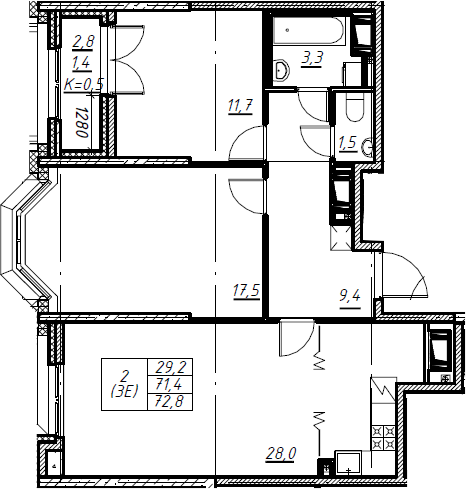 3Е-комнатная, 72.8 м²– 2