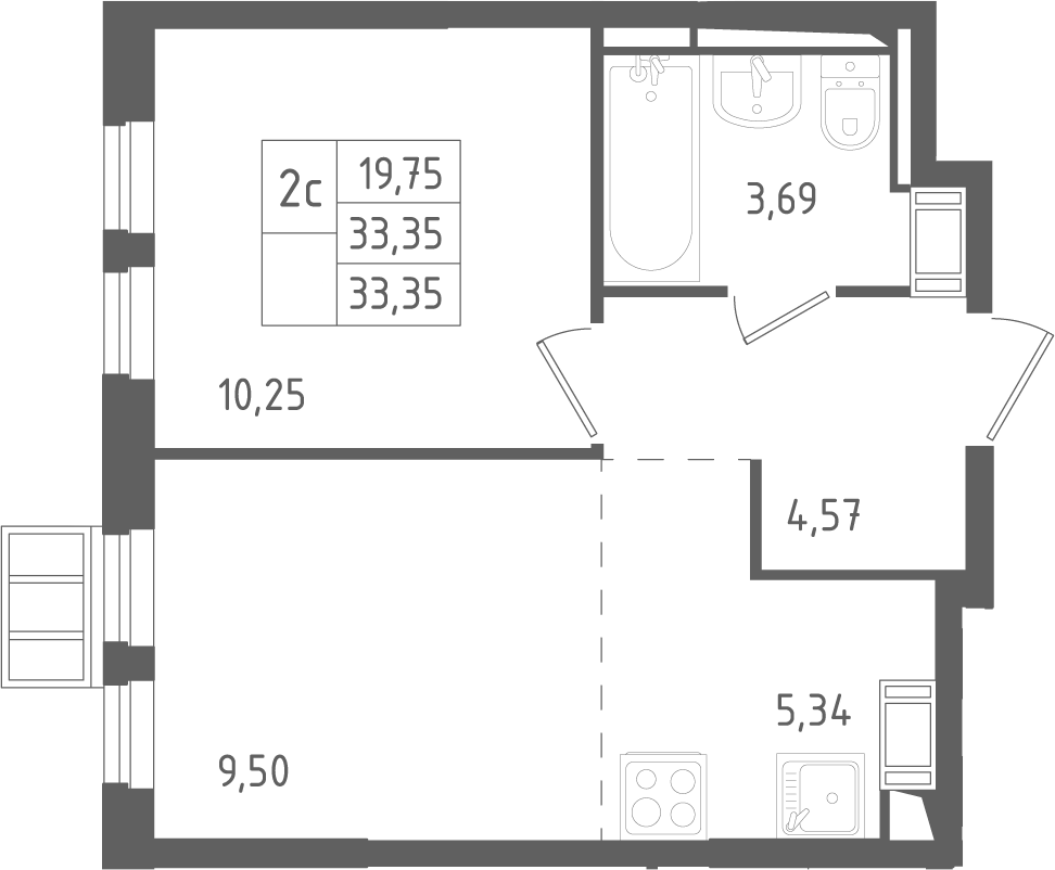 2Е-к.кв, 33.35 м²