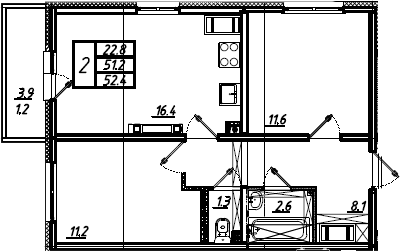 3Е-комнатная, 52.4 м²– 2