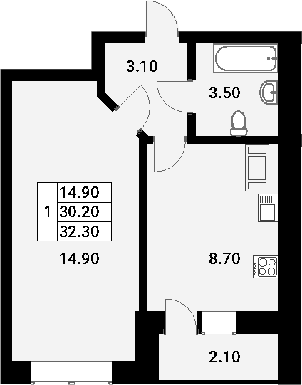 1-к.кв, 30.2 м², 13 этаж
