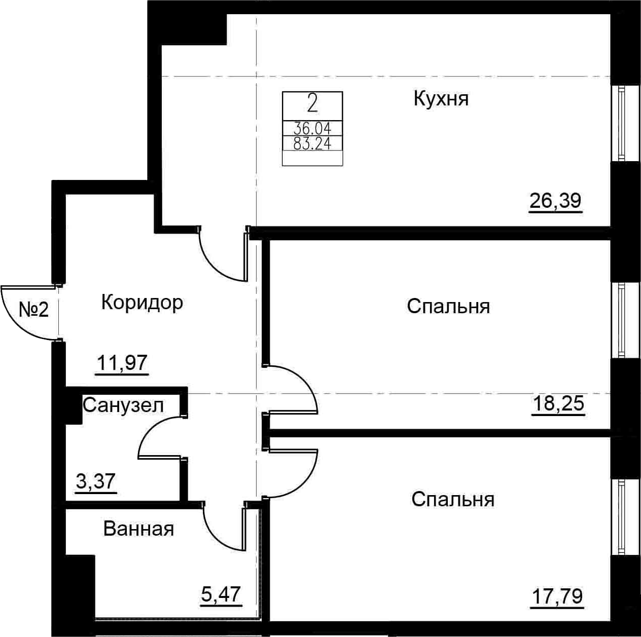 3Е-к.кв, 83.24 м², 2 этаж