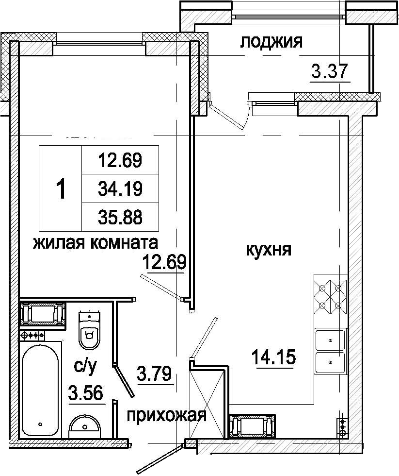 2Е-комнатная, 35.88 м²– 2