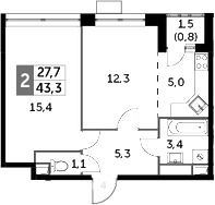 2Е-комнатная, 43.3 м²– 2