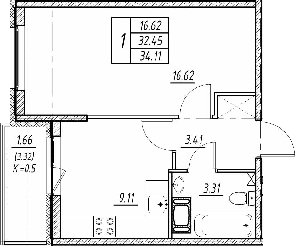 1-комнатная, 28.7 м²– 2