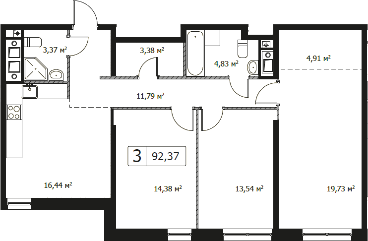 3-комнатная, 92.37 м²– 2
