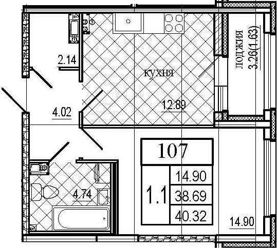 1-комнатная, 40.32 м²– 2
