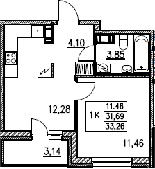 2Е-комнатная, 33.26 м²– 2