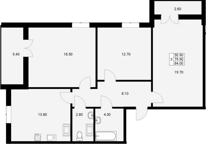 3-комнатная, 84 м²– 2