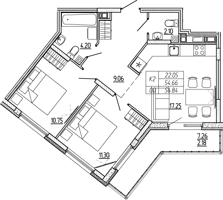 3Е-комнатная, 56.84 м²– 2