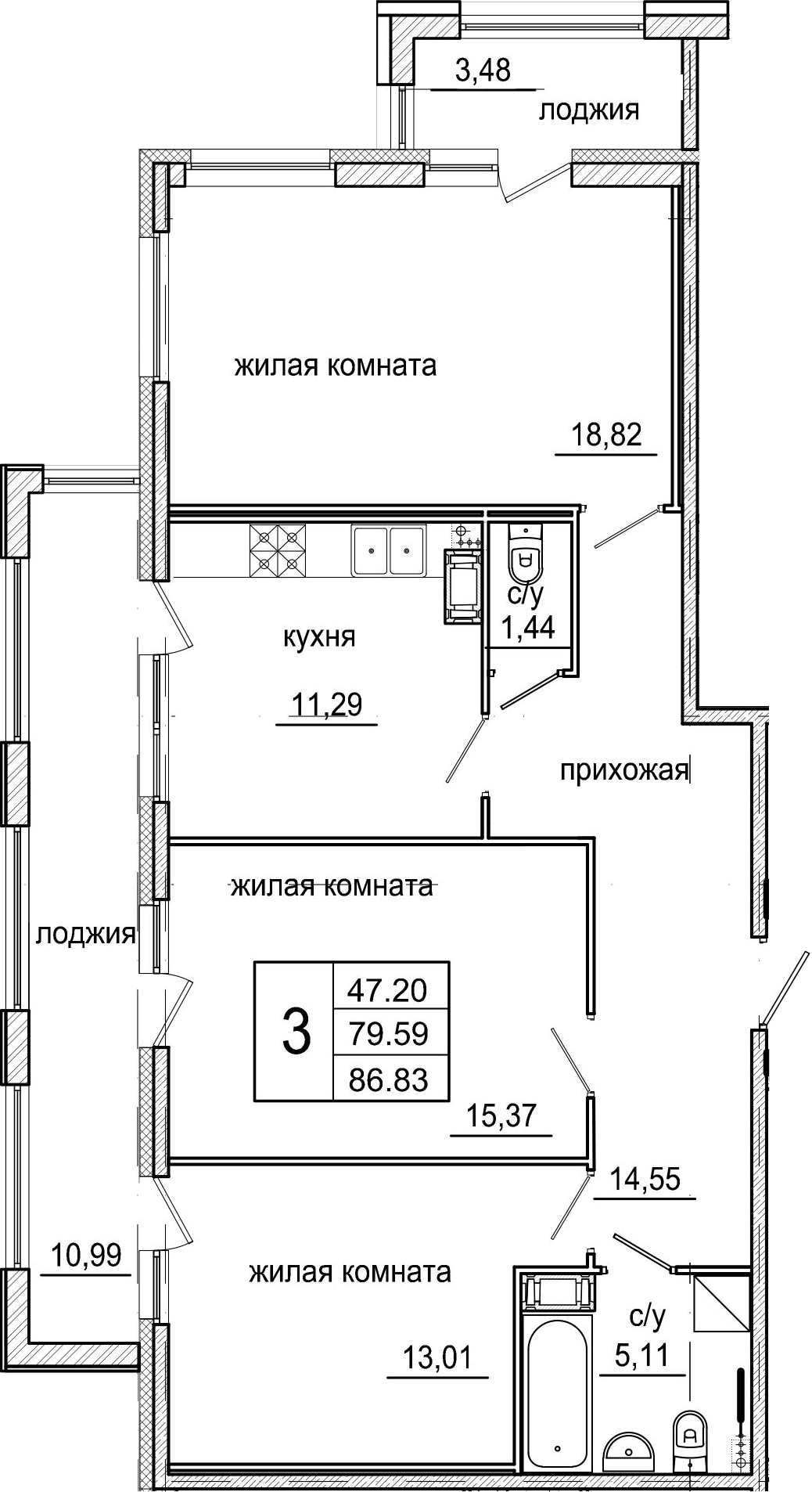 3-комнатная, 86.83 м²– 2