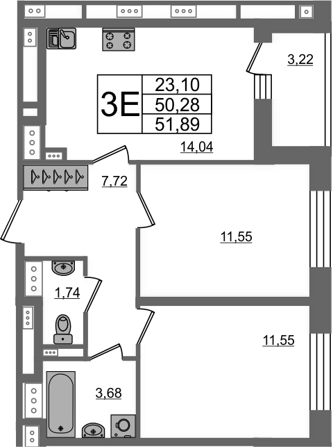 3Е-комнатная, 50.28 м²– 2