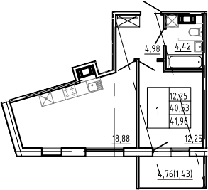 2Е-комнатная, 41.96 м²– 2