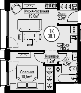 2Е-комнатная, 38.1 м²– 2