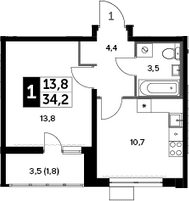 1-комнатная, 34.2 м²– 2