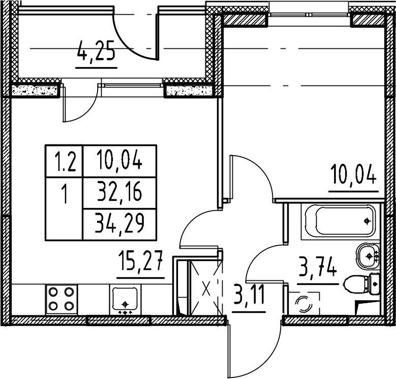 2Е-комнатная, 32.16 м²– 2