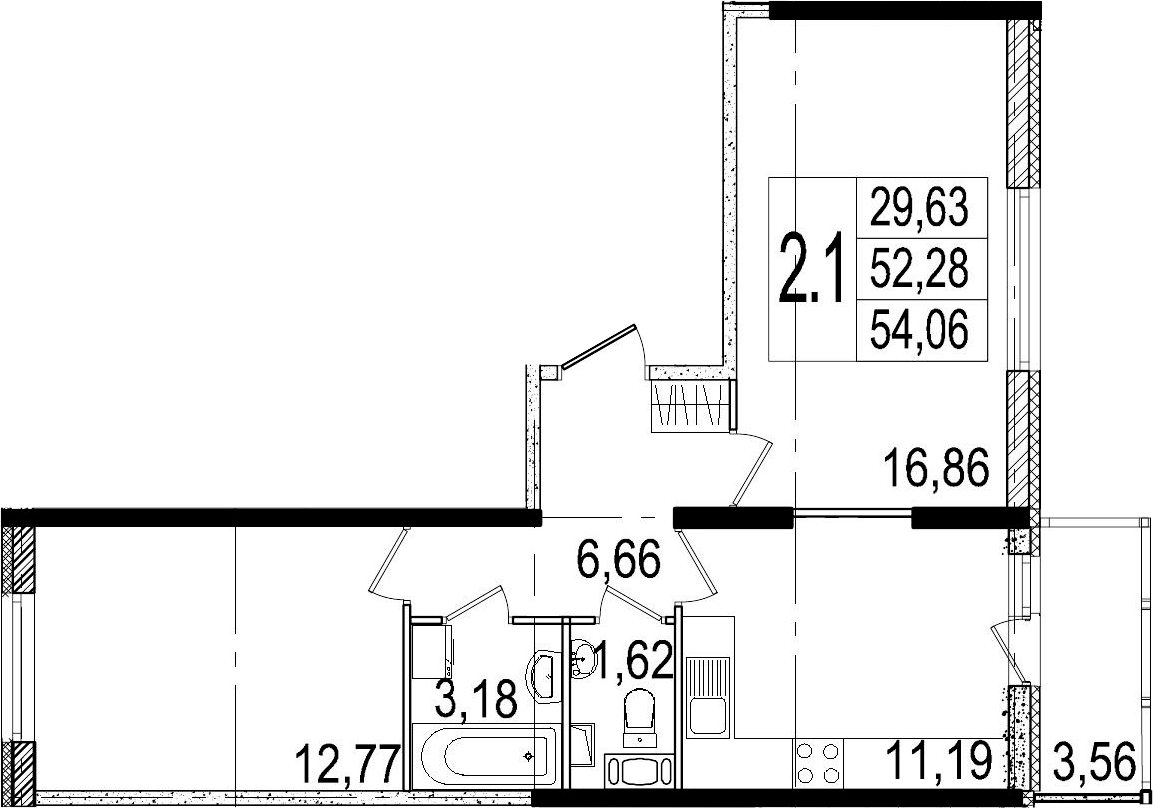 2-комнатная, 52.28 м²– 2