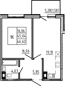 2Е-комнатная, 46.62 м²– 2