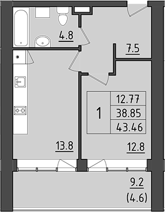 1-комнатная, 48.05 м²– 2