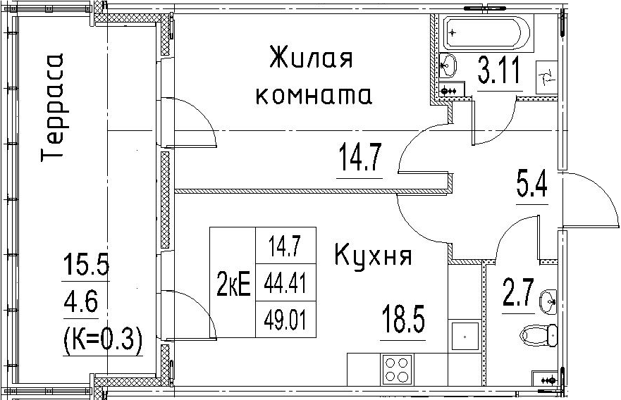 2Е-к.кв, 49.01 м²