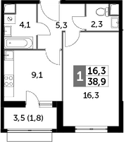 1-комнатная, 38.9 м²– 2