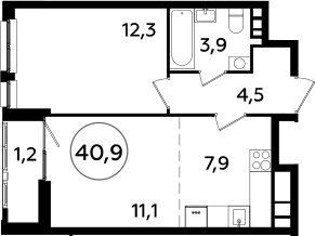 2Е-комнатная, 40.9 м²– 2