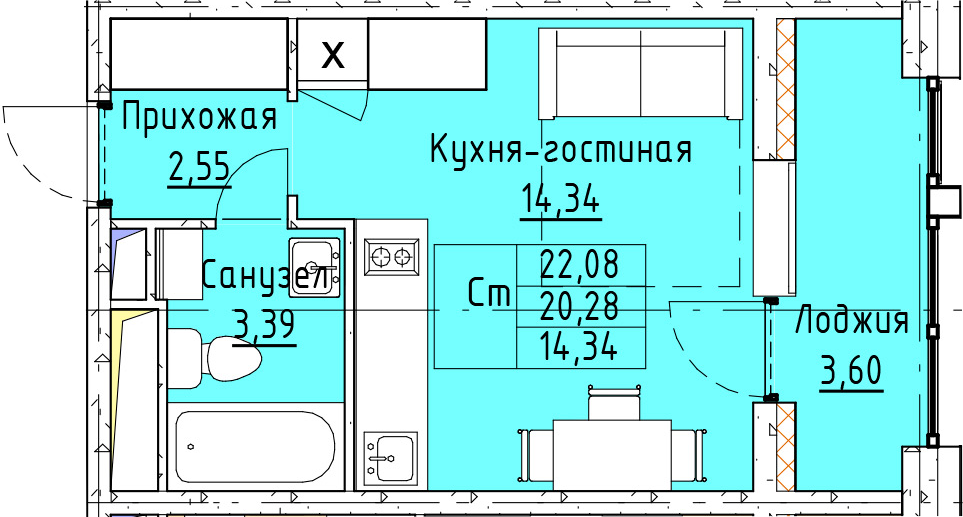 Студия, 22.08 м², 9 этаж – Планировка