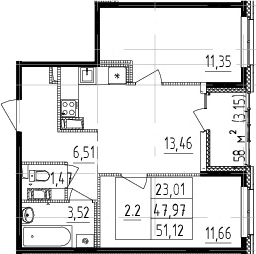3Е-комнатная, 47.97 м²– 2