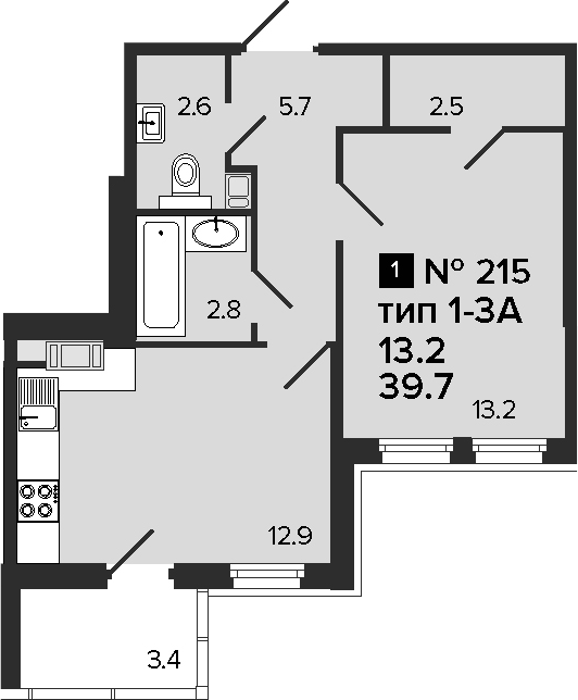 1-комнатная, 39.7 м²– 2