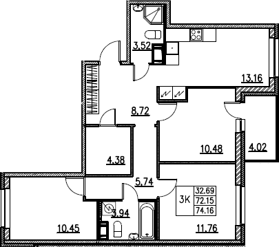 4Е-комнатная, 74.16 м²– 2