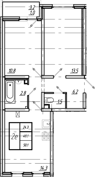 3Е-комнатная, 50.1 м²– 2