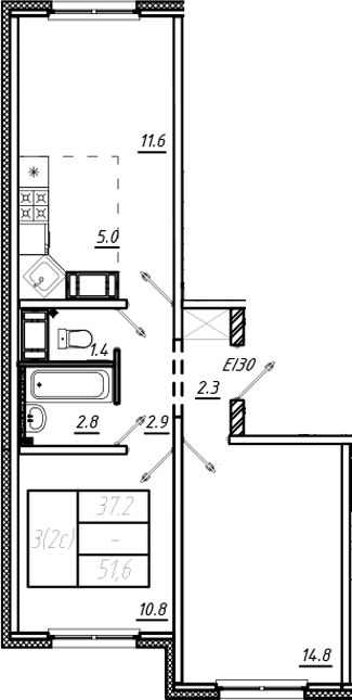 3Е-комнатная, 51.6 м²– 2