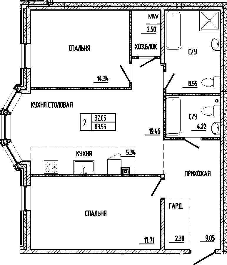 3Е-к.кв, 83.55 м²