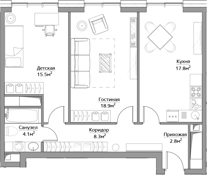 2-комнатная, 67.4 м²– 2