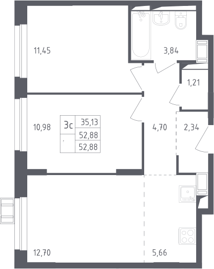 3Е-к.кв, 52.88 м², 17 этаж