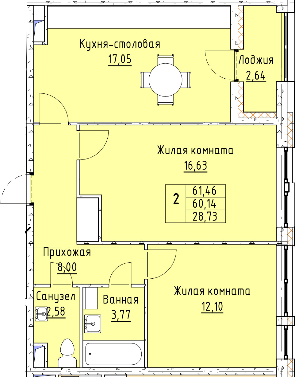 3Е-комнатная, 61.41 м²– 2