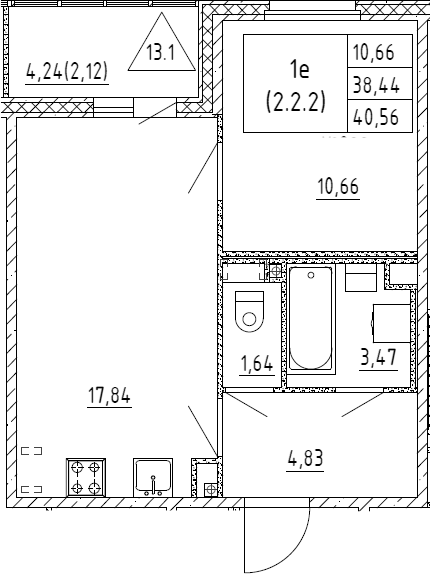 2Е-комнатная, 40.56 м²– 2